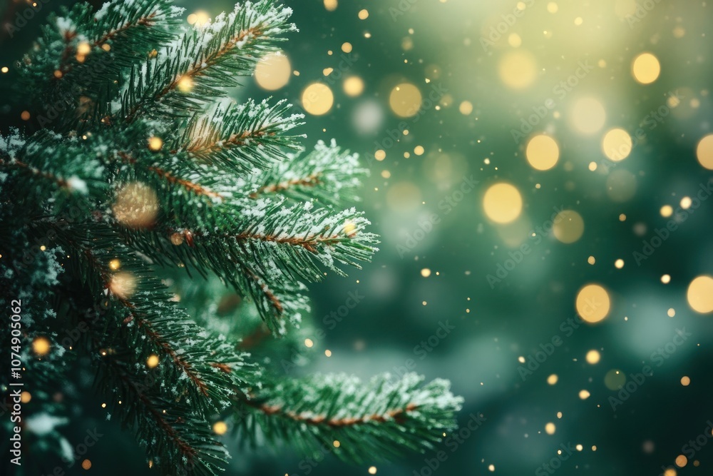 Green pine tree branches with bokeh lights christmas background decoration. Green pine tree branches with bokeh lights christmas background decoration.