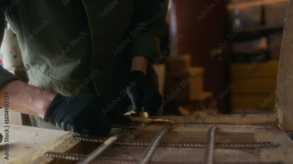 Midsection closeup of anonymous carpenter in black gloves removing remaining upholstery from wooden chair framework using small knife during workday in furniture restoration workshop Midsection closeup of anonymous carpenter in black gloves removing remaining upholstery from wooden chair framework using small knife during workday in furniture restoration workshop