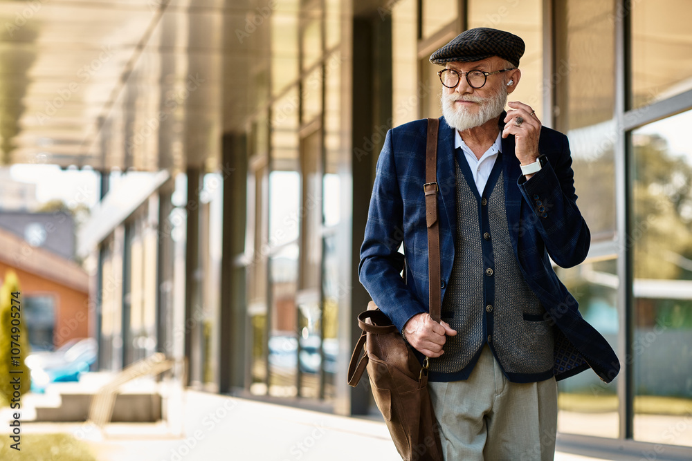 A distinguished senior man in a checkered blazer strolls thoughtfully outside a sleek modern building. A distinguished senior man in a checkered blazer strolls thoughtfully outside a sleek modern building.
