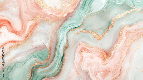 A stunning abstract marble pattern featuring fluid shapes in pink and green hues with gold accents, perfect for creating elegant designs in various applications.