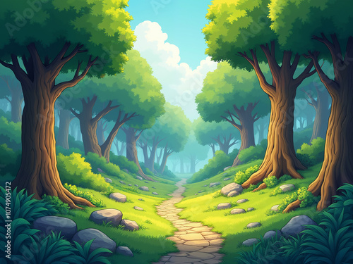 Generated cartoon illustration of a lush green forest, with a pathway in the middle.