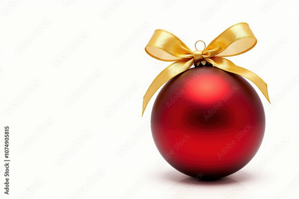 Elegant red christmas ornament with gold ribbon on white background for holiday decor Elegant red christmas ornament with gold ribbon on white background for holiday decor