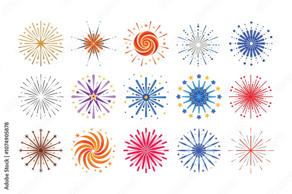 A vibrant set of starburst and fireworks vector illustrations perfect for celebrations, parties, and graphic design elements A vibrant set of starburst and fireworks vector illustrations perfect for celebrations, parties, and graphic design elements