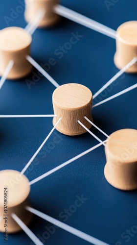 Wallpaper Mural A close-up of wooden pieces connected by strings, illustrating networking and collaboration concepts in a business setting. Torontodigital.ca