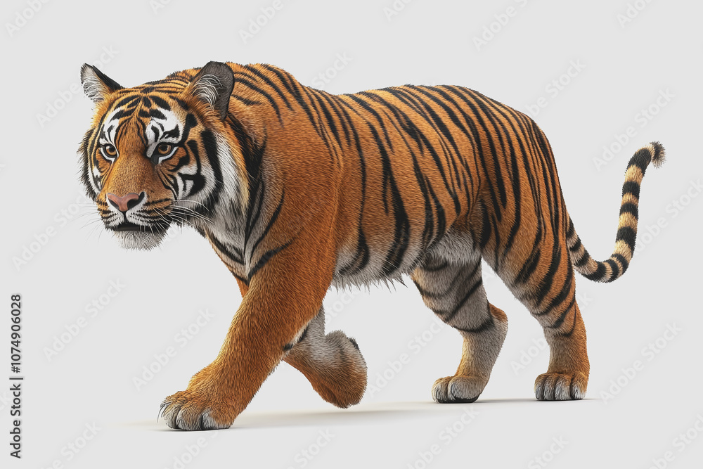 Fototapeta premium Hyper-realistic of an Endangered Tiger Walking Isolated on White Background, Highlighting Wildlife Conservation and Awareness Efforts