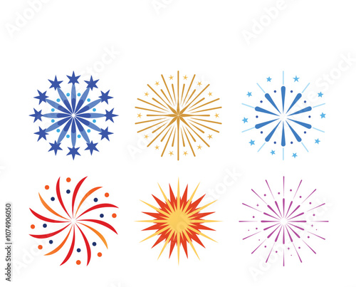 A vibrant set of starburst and fireworks vector illustrations perfect for celebrations, parties, and graphic design elements