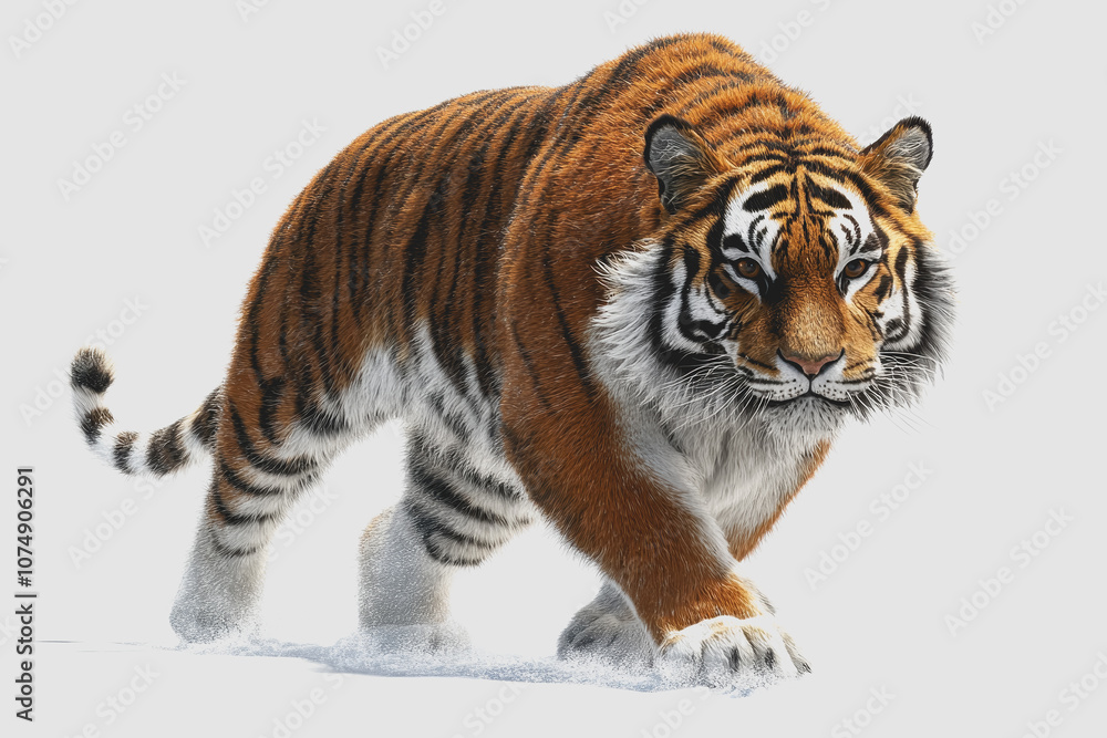 Fototapeta premium Majestic Endangered Tiger, of a Striking Wild Cat Isolated on White Background, Showcasing Its Powerful Features and Beautiful Stripes