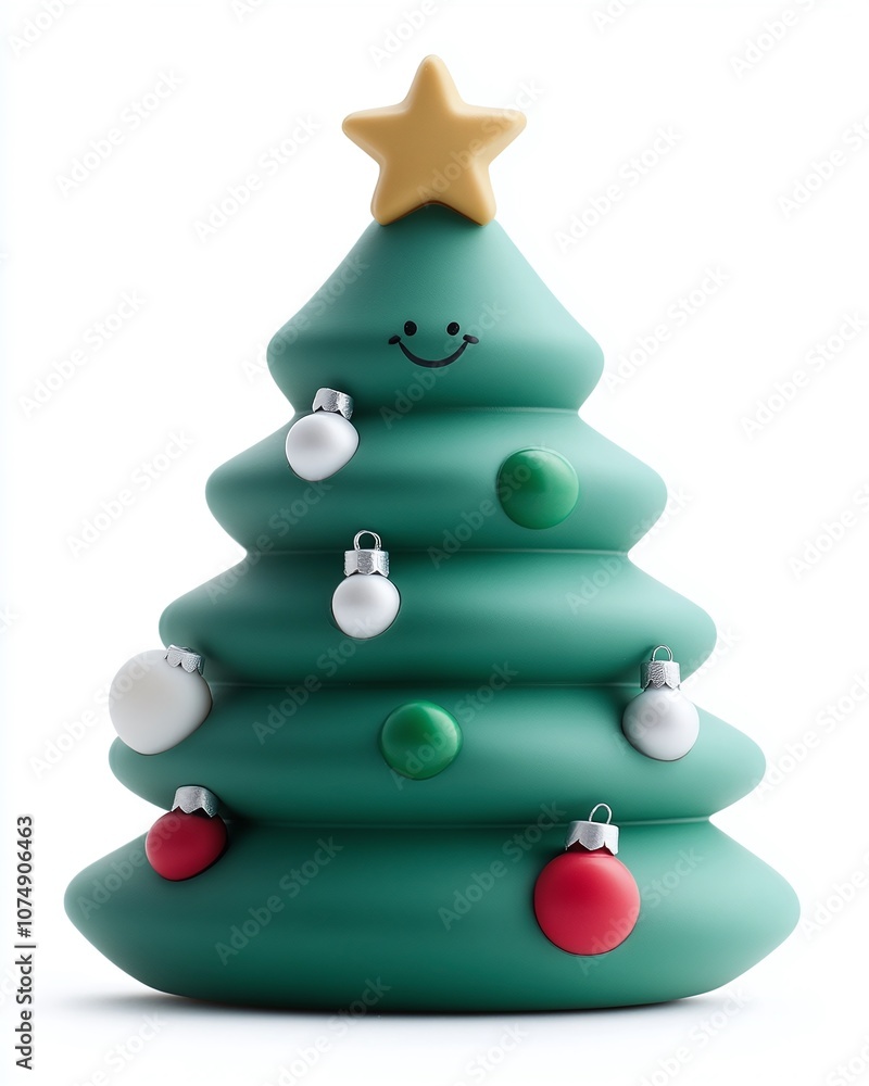 Charming Green Christmas Tree with Smiling Face and Colorful Ornaments for Festive Holiday Decor and Seasonal Celebrations Charming Green Christmas Tree with Smiling Face and Colorful Ornaments for Festive Holiday Decor and Seasonal Celebrations
