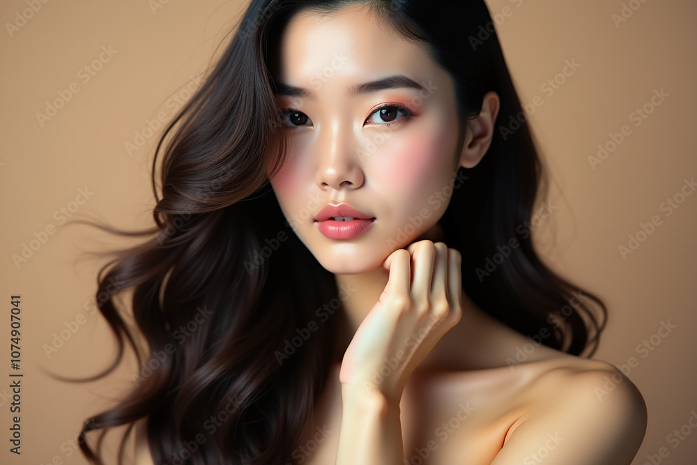 Beautiful Asian Woman with Flawless Skin and Soft Waves