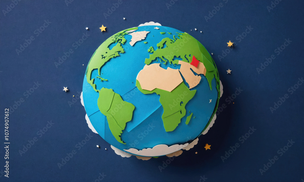 Fototapeta premium A papercraft globe with the Middle East highlighted in red sits against a dark blue background