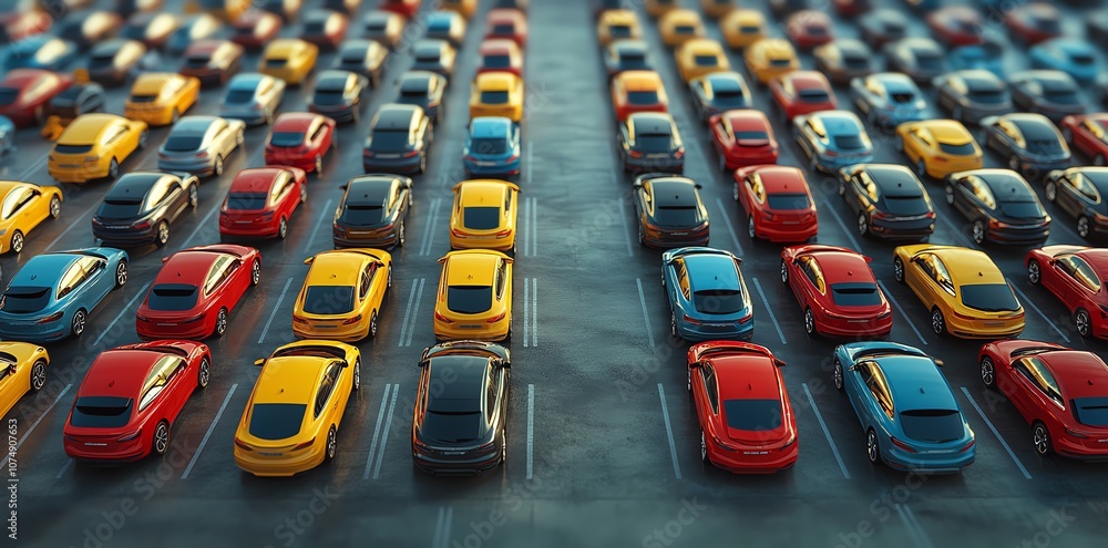 Obraz premium A long line of parked cars, mostly in yellow, red, and blue colors, on a paved lot.
