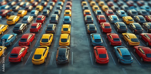 A long line of parked cars, mostly in yellow, red, and blue colors, on a paved lot. photo