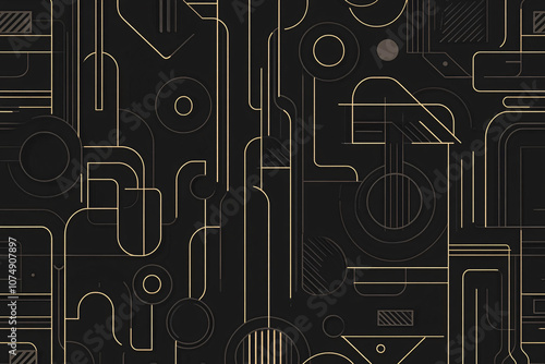 Abstract black and gold circuit-like pattern with curved lines and circular elements against a dark background creating a luxurious look
