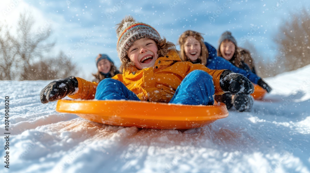 A joyful scene of children sledding down a snowy hill, capturing the excitement of winter fun and outdoor play. A joyful scene of children sledding down a snowy hill, capturing the excitement of winter fun and outdoor play.