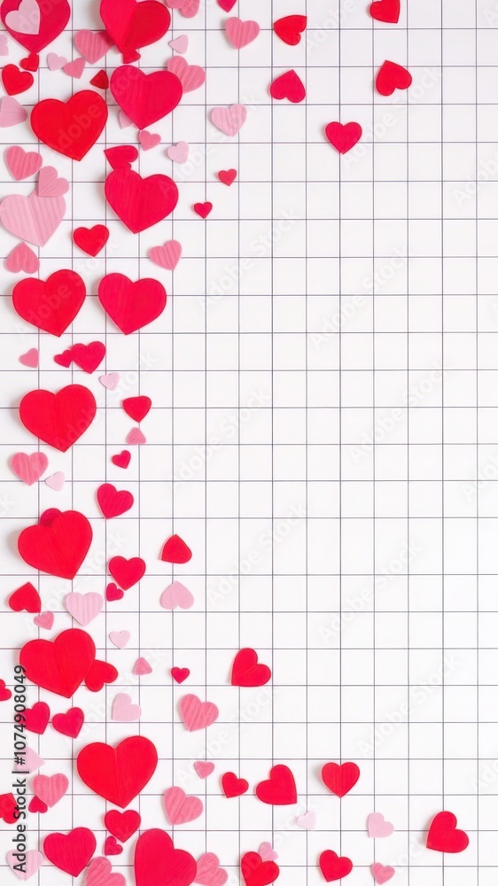 Heart shaped pink and red confetti border design on grid background, invitation Heart shaped pink and red confetti border design on grid background, invitation