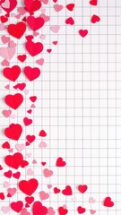 Heart shaped pink and red confetti border design on grid background, invitation