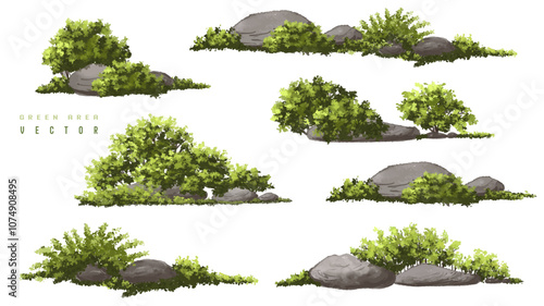 Vertor set of green tree,plants side view for landscape elevations,element for backdrop,eco environment concept design,watercolor greenery scene,shrub and moss