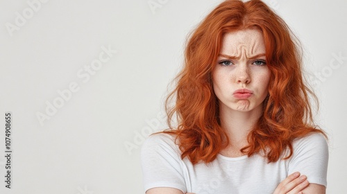 A woman with red hair is frowning and crossing her arms