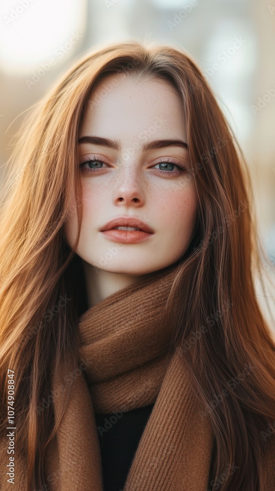 Naklejka premium A young woman with long brown hair wearing a warm scarf enjoys a sunny afternoon in an urban park during autumn