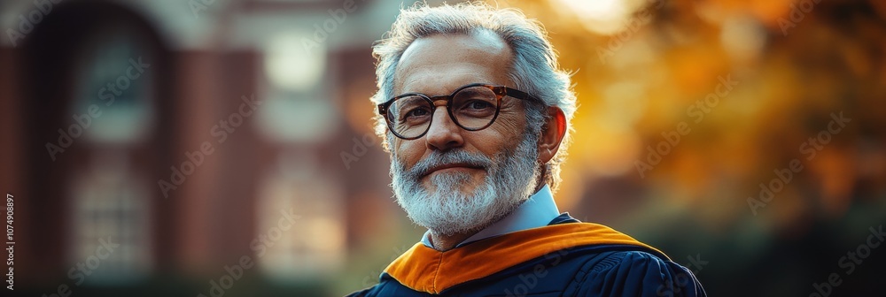 An esteemed elderly man with a white beard and glasses confidently stands in a graduation gown in a picturesque outdoor setting during an academic ceremony An esteemed elderly man with a white beard and glasses confidently stands in a graduation gown in a picturesque outdoor setting during an academic ceremony
