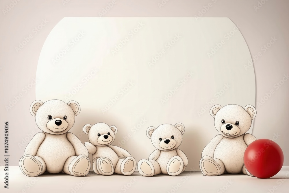 Charming collection of four teddy bears with a playful red ball, perfect for children's decor or toy-themed projects. Charming collection of four teddy bears with a playful red ball, perfect for children's decor or toy-themed projects.