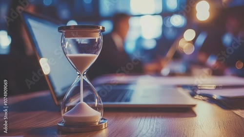 An hourglass sits on a desk with a laptop in the background, symbolizing the passage of time. photo