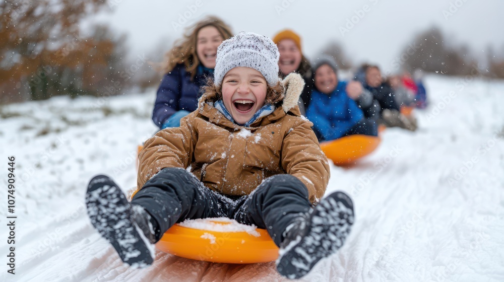 A joyful group of children sledding down a snowy hill, celebrating winter with laughter and vibrant colors in a picturesque landscape. A joyful group of children sledding down a snowy hill, celebrating winter with laughter and vibrant colors in a picturesque landscape.