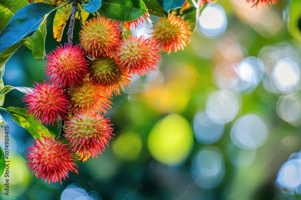 Vibrant rambutan fruits hanging on a tree branch against a blurred background. Vibrant rambutan fruits hanging on a tree branch against a blurred background.