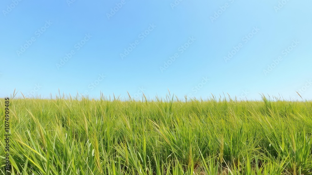 Fototapeta premium Lush green grass field under a clear blue sky on a sunny day, tranquil, meadow