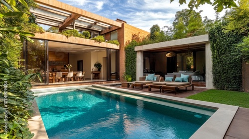 Modern villa with an outdoor pool and pergola, surrounded by lush green plants, stylish outdoor furniture, and beautiful architectural design