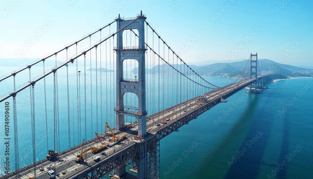 Aerial view of a suspension bridge under construction, highlighting its scale, engineering, and workers amidst the sea.
Aerial view of a suspension bridge under construction, highlighting its scale, engineering, and workers amidst the sea.