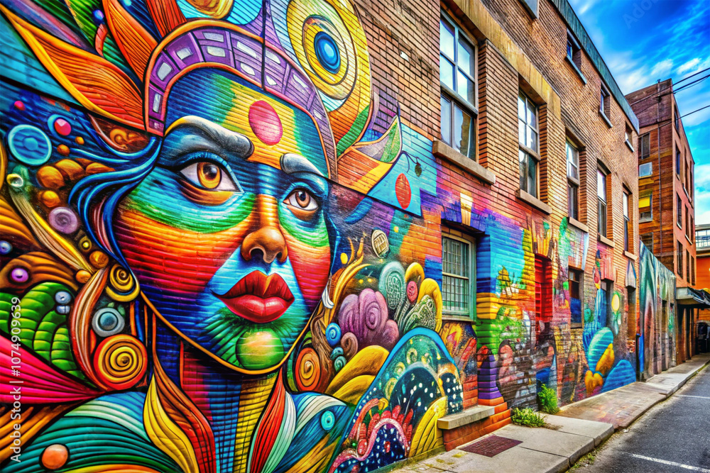 Fototapeta premium Colorful street art on a brick wall in an urban setting.
