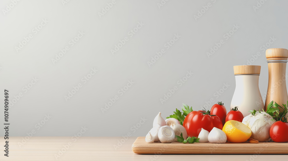 Fresh Ingredients for Culinary Creation on a Smooth Gradient Background, Featuring Tomatoes, Garlic, Lemon, Herbs, and Condiments on a Wooden Cutting Board Fresh Ingredients for Culinary Creation on a Smooth Gradient Background, Featuring Tomatoes, Garlic, Lemon, Herbs, and Condiments on a Wooden Cutting Board