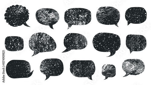 Speech Bubbles Hand-Drawn Linocut Grunge Texture Vector Set on White Background with Distressed Design Communication Art Vintage Graphics Dialogue Collection Cartoon Conversation