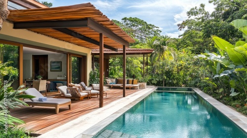 Stylish pergola shading a cozy seating area by an outdoor pool in front of a contemporary home, with wooden decking and lush green plants in the background