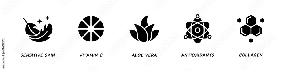 Sensitive Skin, Collagen, Aloe Vera, Vitamin C, Antioxidants. Cosmetics and skin care line label set. Organic cosmetic elements set. Vector Sensitive Skin, Collagen, Aloe Vera, Vitamin C, Antioxidants. Cosmetics and skin care line label set. Organic cosmetic elements set. Vector