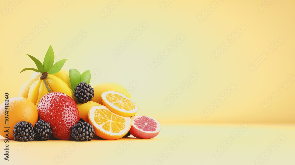 Vibrant Fresh Fruits Displayed on a Smooth Gradient Background, Showcasing Bananas, Strawberries, Lemons, and Blackberries for a Bright and Inviting Aesthetic Vibrant Fresh Fruits Displayed on a Smooth Gradient Background, Showcasing Bananas, Strawberries, Lemons, and Blackberries for a Bright and Inviting Aesthetic
