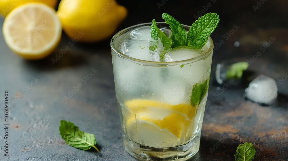 Refreshing Lemon Mint Beverage with Ice Garnished with Fresh Mint Leaves in a Glass on a Rustic Wood and Stone Table Refreshing Lemon Mint Beverage with Ice Garnished with Fresh Mint Leaves in a Glass on a Rustic Wood and Stone Table
