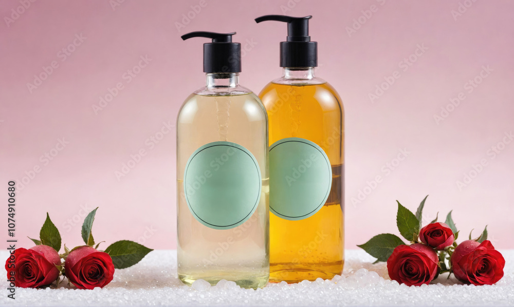 Two bottles of liquid soap with round, mint green labels sit on a white surface, surrounded by three red roses