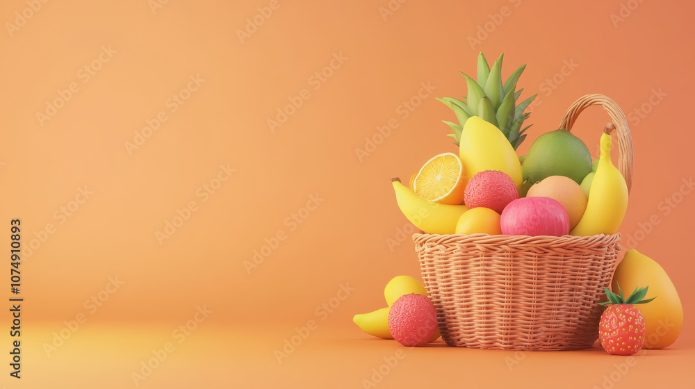 Colorful Fruit Basket Arrangement on a Smooth Gradient Background Showcasing a Variety of Fresh Fruits and Vibrant Colors in a Style Colorful Fruit Basket Arrangement on a Smooth Gradient Background Showcasing a Variety of Fresh Fruits and Vibrant Colors in a Style
