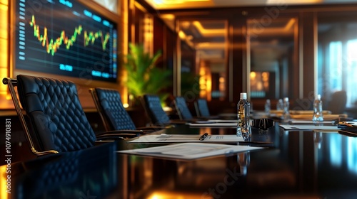 Luxurious Corporate Office with Finance Data Displayed on Large Monitor