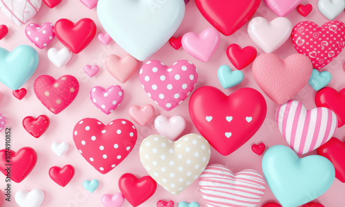 Colorful hearts in various sizes and patterns create vibrant, playful atmosphere, perfect for celebrations of love and affection