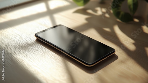 smartphone mockup with a blank, illuminated screen, no logos or text, lying flat on a smooth neutral surface, soft diffused lighting creating natural shadows and reflections, close-up detail  photo