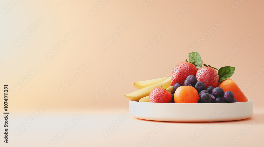 Colorful Fruit Platter Featuring Strawberries, Bananas, Grapes, and Oranges Against a Smooth Gradient Background for Vibrant Still Life Composition Colorful Fruit Platter Featuring Strawberries, Bananas, Grapes, and Oranges Against a Smooth Gradient Background for Vibrant Still Life Composition