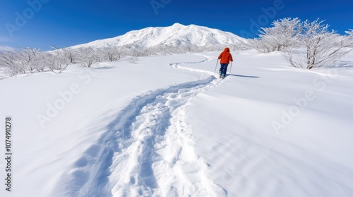 A person walks through a snowy landscape, leaving footprints behind, with a clear blue sky and mountains in the background.