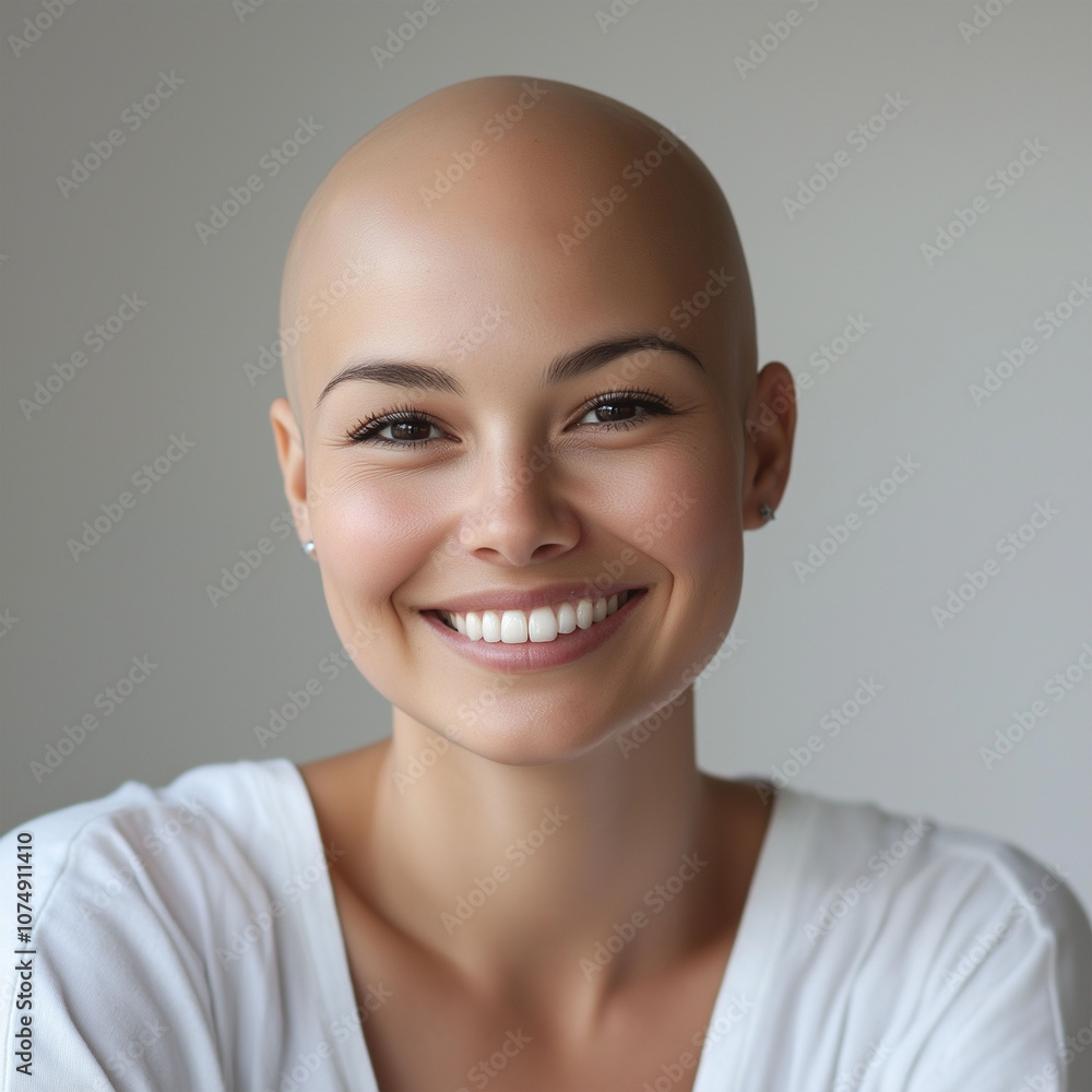 A woman with a shaved head is smiling and looking at the camera A woman with a shaved head is smiling and looking at the camera