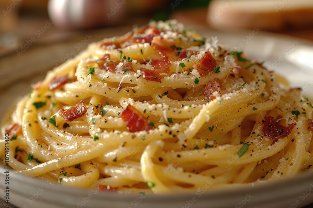 Close-up of Spaghetti Carbonara with Bacon, Cheese, and Parsley Close-up of Spaghetti Carbonara with Bacon, Cheese, and Parsley