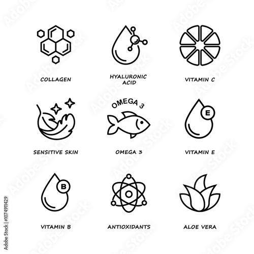 Cosmetic Compounds icon set. Active Ingredients, Sensitive Skin, Collagen, Aloe Vera, Vitamin C, Retinol, Antioxidants. Chemical Peeling, Omega 3 Fatty Acids, Vitamin Complex