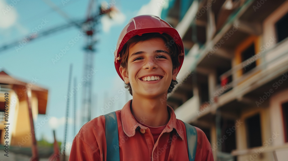 A young construction worker smiles joyfully on a bustling site under a clear blue sky, surrounded by cranes and buildings in progress A young construction worker smiles joyfully on a bustling site under a clear blue sky, surrounded by cranes and buildings in progress