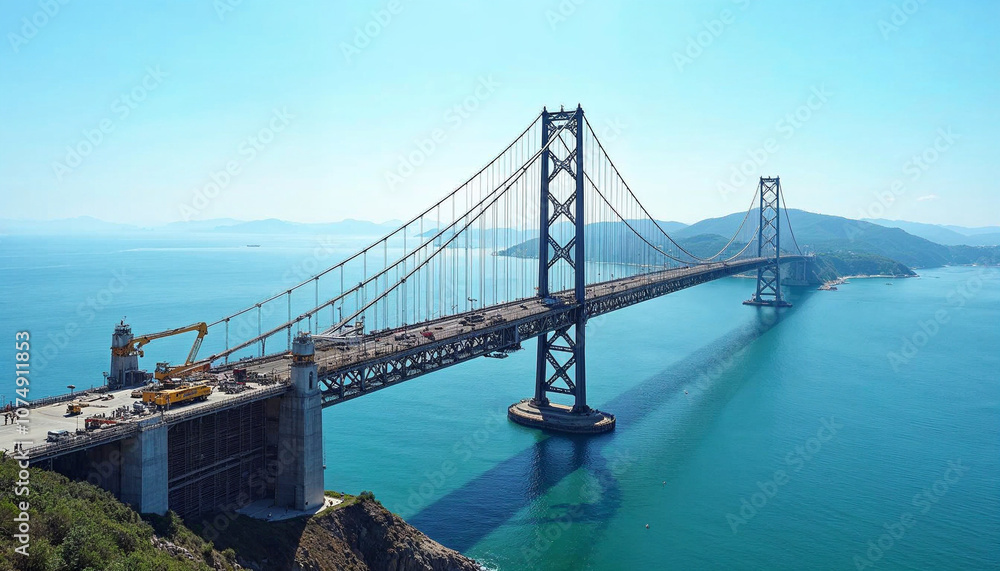 Aerial view of a suspension bridge under construction, highlighting its scale, engineering, and workers amidst the sea.
Aerial view of a suspension bridge under construction, highlighting its scale, engineering, and workers amidst the sea.